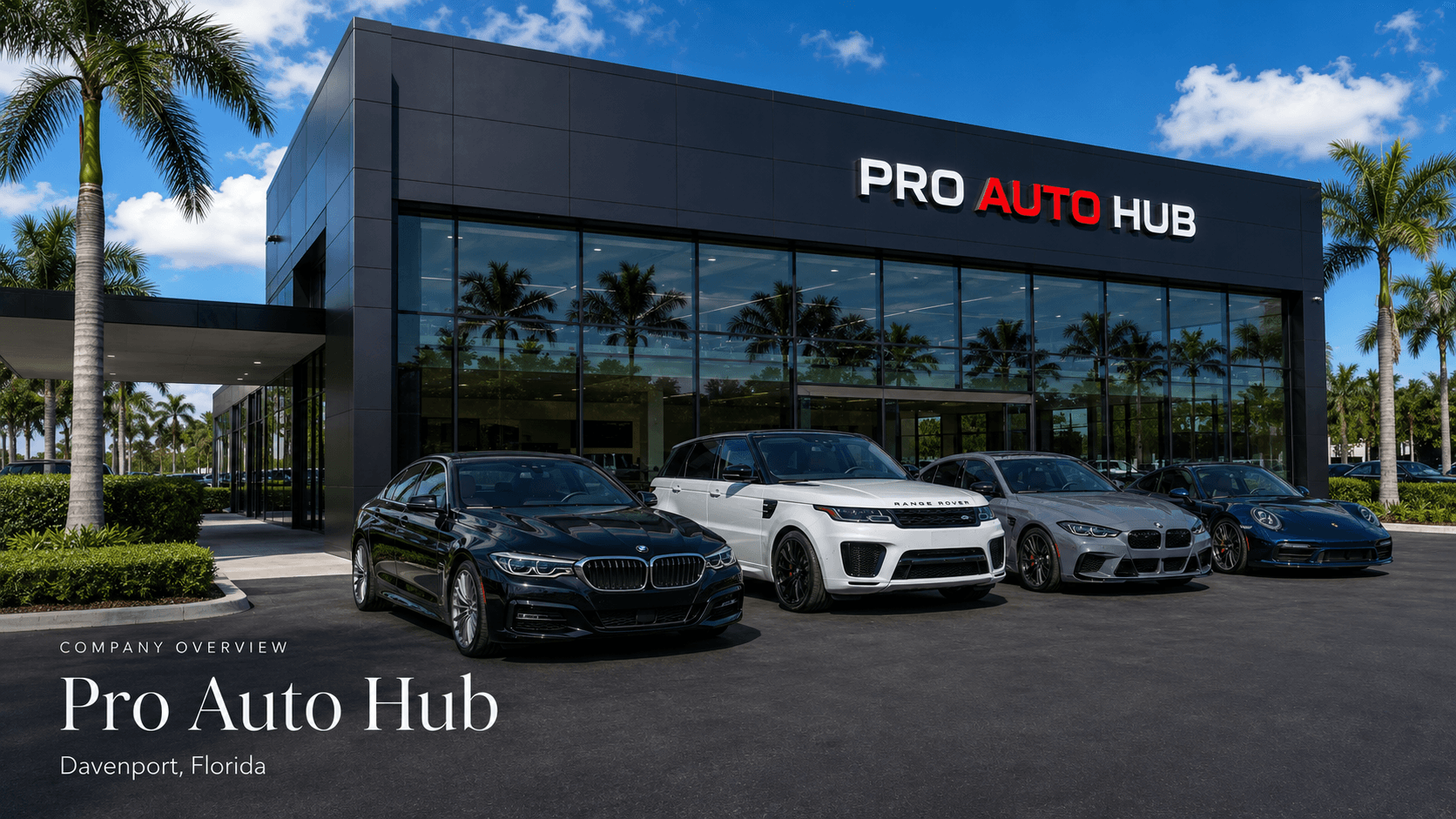 Pro Auto Hub dealership exterior with luxury vehicles parked outside