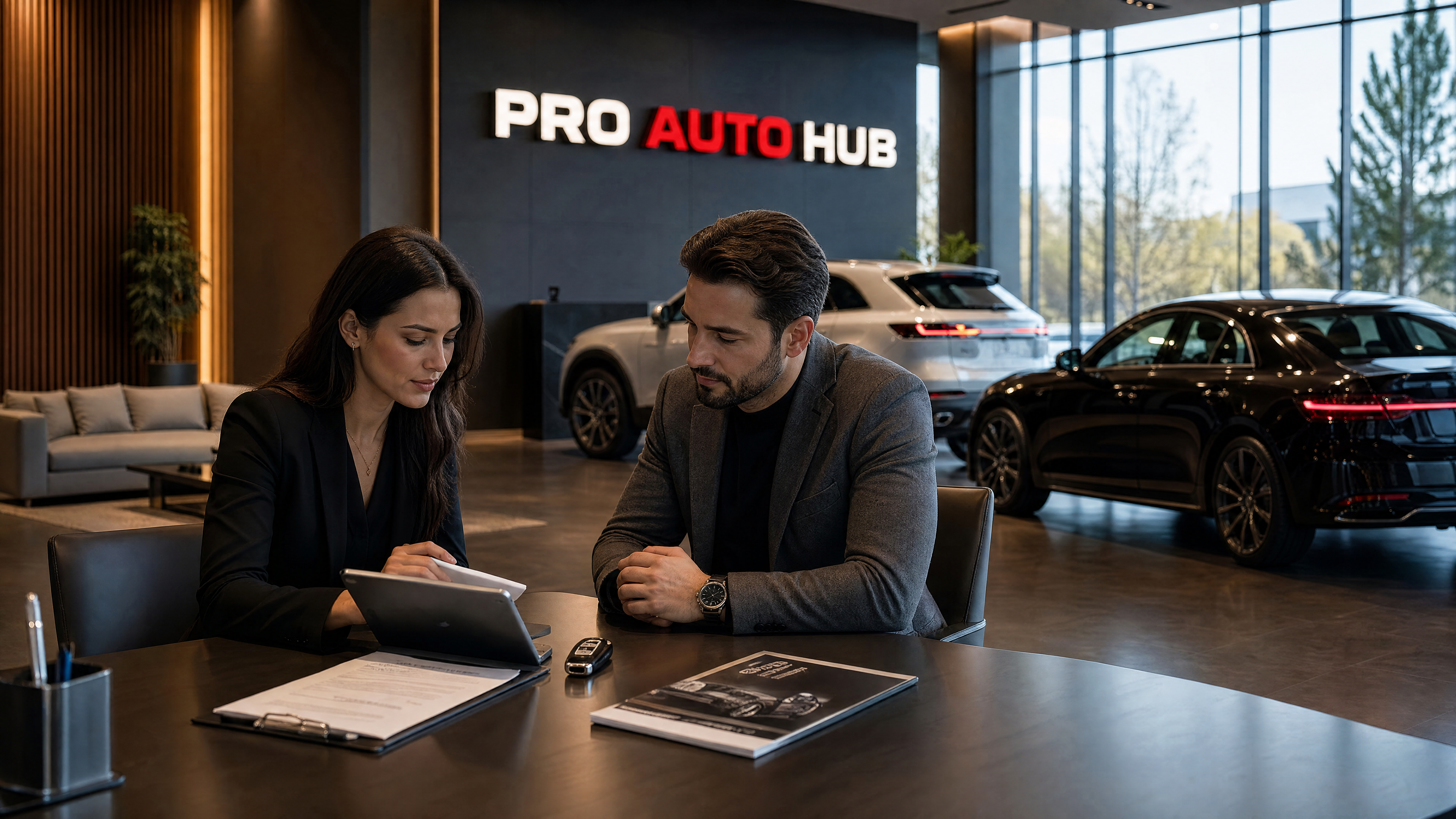 Two people in conversation across a desk at a dealership